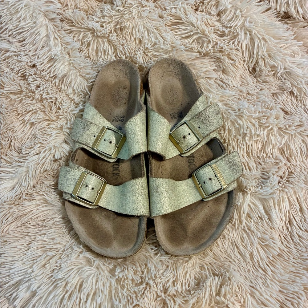 BIRKENSTOCK ARIZONA WASHED METALLIC CREAM GOLD CRACKLE SANDAL  SZ 39